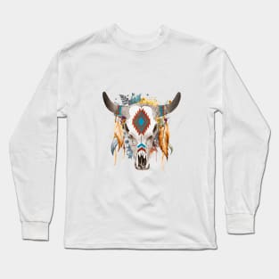 Native Americans Goat Skull War Bonnet Feather Pattern Long Sleeve T-Shirt